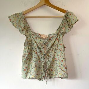 LG Floral Lace-Up Blouse - Mint Green